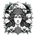 Celtic Goddess, Danu. Surrounded by Salmon, the moon and Moonflowers tattoo design idea