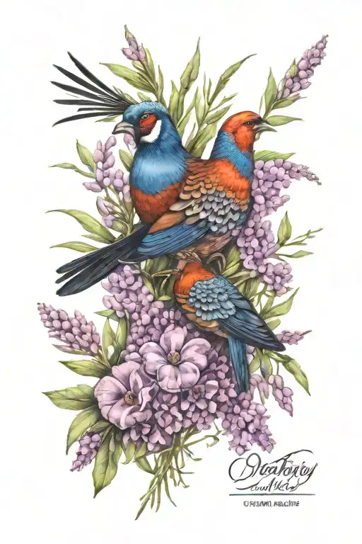 phesants and heather flowers tattoo design idea