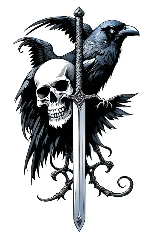 Skull, crow and sword tattoo design idea