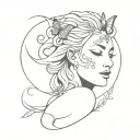 healing symbols incorporated into subtle medusa goddess with butterfly and moon tattoo design idea