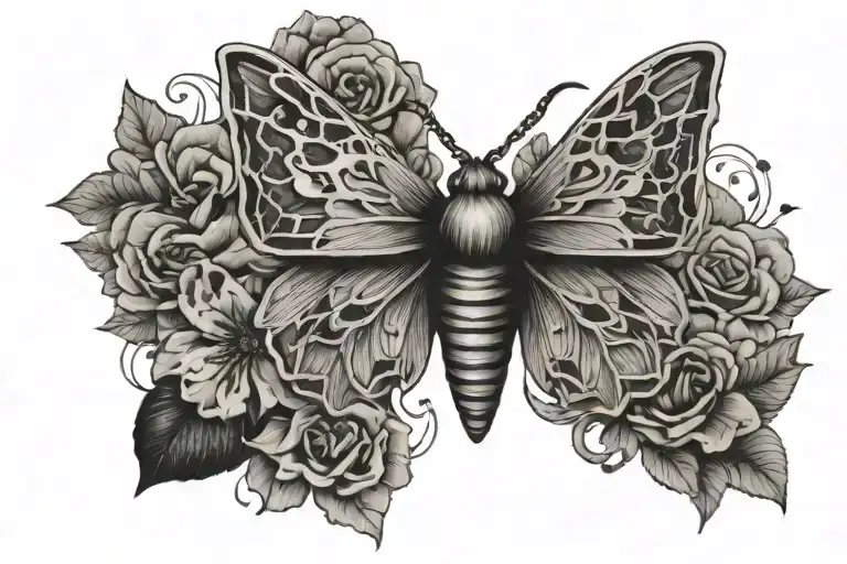 flowers, death moth, geometric shapes inspired tattoo design idea