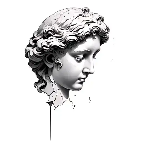 Illustrative tattoo design, hyperrealistic fragment of a broken marble statue (e.g., drapery or wing), focus on dramatic tattoo design idea