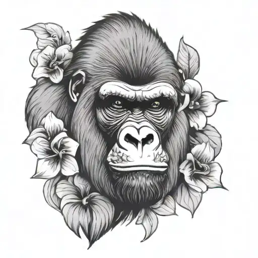serious but calm gorilla face with flower background tattoo design idea