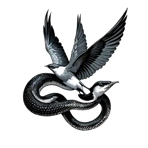 snake eating a swallow flying tattoo design idea
