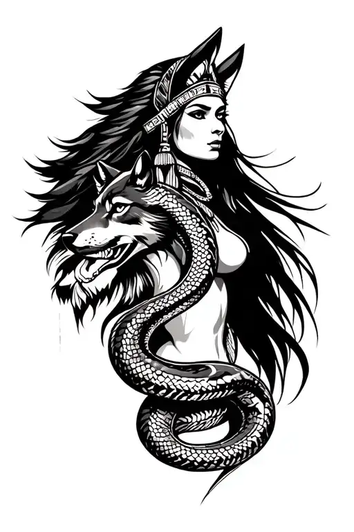 native american female right arm with snake and wolf tattoo design idea