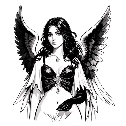 black and white guardian angel dramatic woman, in a slightly sexy way tattoo design idea