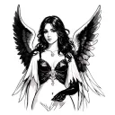 black and white guardian angel dramatic woman, in a slightly sexy way tattoo design idea