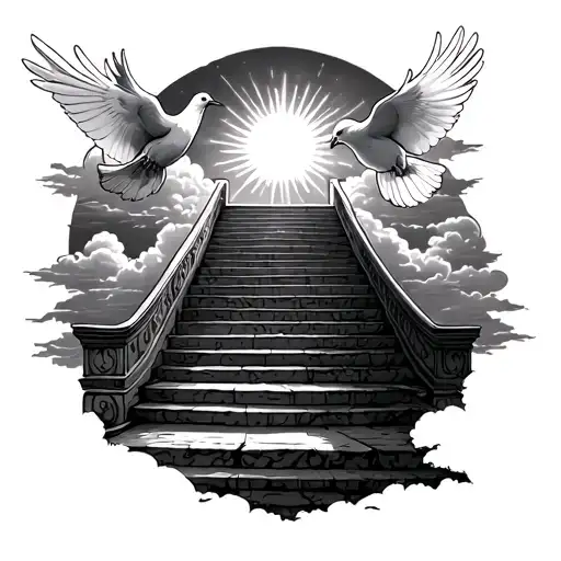 staircase to heaven with clouds and sun rays aroubd with two white doves tattoo design idea