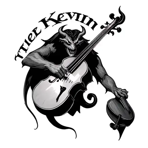 The Name "Kevin" in goth style tattoo with fiddle played by the devil tattoo design idea