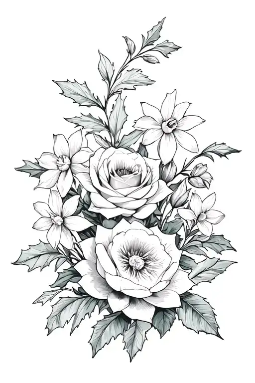 bouqet of roses, waterlillies, narcissus, and holly flowers tattoo design idea