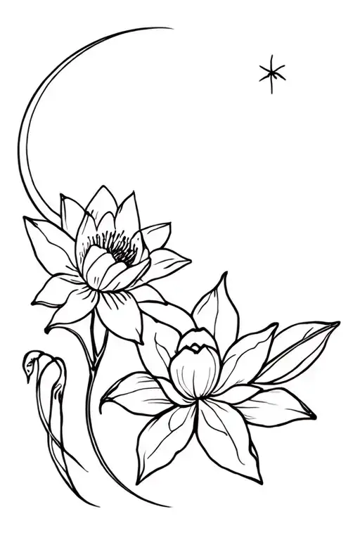 lotus flower, daffodil flower, snap dragon, cresant moon tattoo design idea