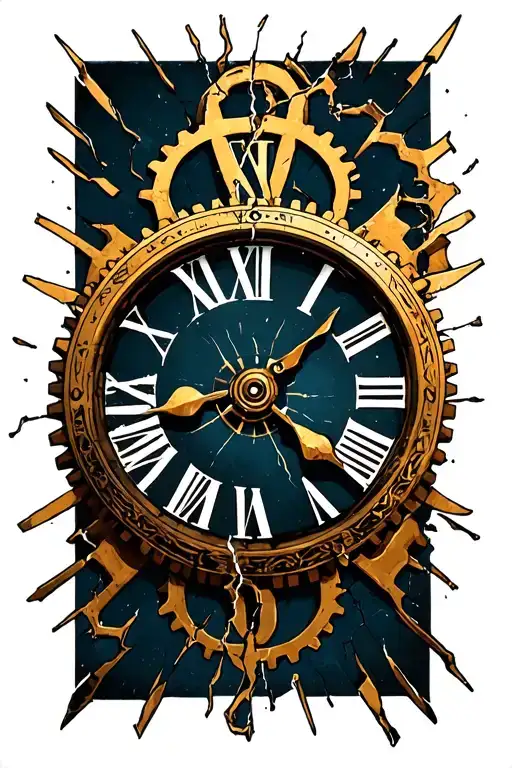 broken clock face, Roman numeral, cog tattoo design idea