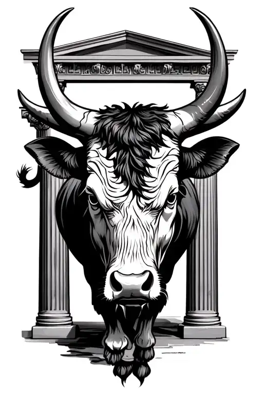 Spanish fighting bull with scar with Greek pillars in the background  tattoo design idea