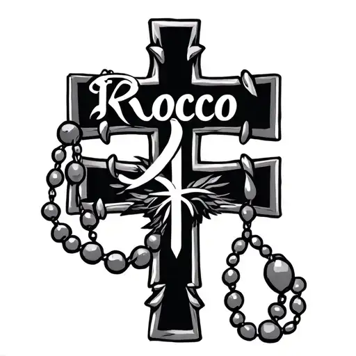 a greek orthodox cross tattoo with a rosary around it and the name Rocco in cursive tattoo design idea