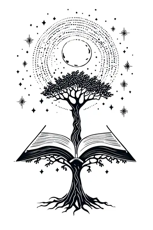 Tree of life with an open book above its crown, a moon drawn from dots in the background, many stars and sparkles around tattoo design idea
