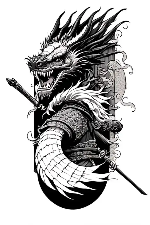 samurai and dragon and war  and scenery and japanese culture and japanese wooden doorways tattoo design idea