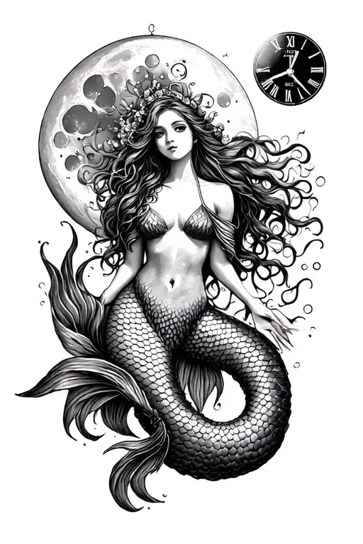 mermaid and moon and time piece tattoo design idea