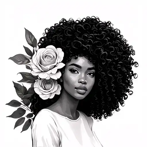 black woman with curly Afro healing from past divorce and pain new life with love in her hair tattoo design idea