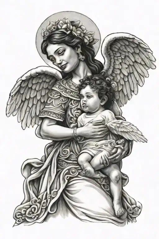Mexican angel holding child portrait tattoo tattoo design idea