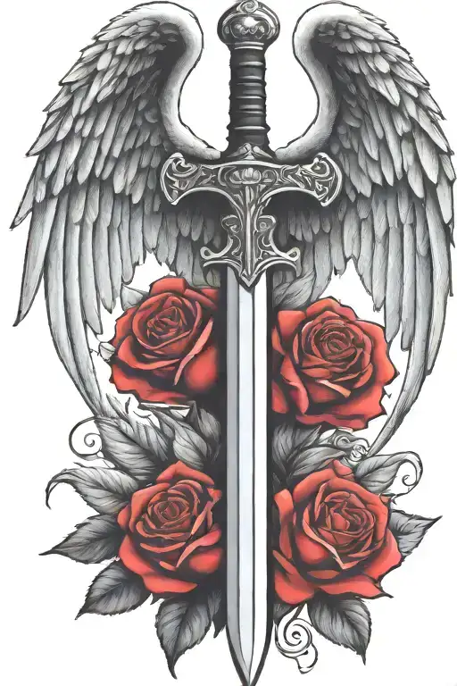 angel wings behind a sword, roses tattoo design idea
