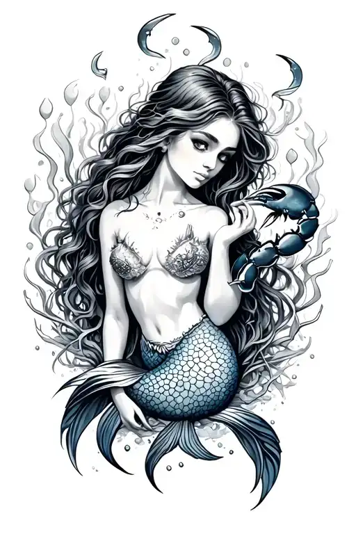 ocean theme with mermaid and crab tattoo design idea