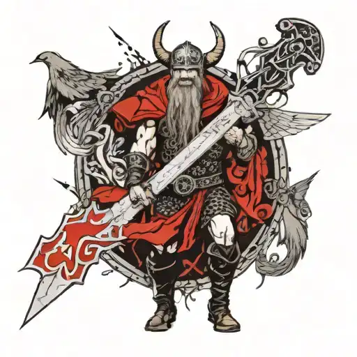 viking celtic male demone holding big sword surrounded by fake angels  tattoo design idea