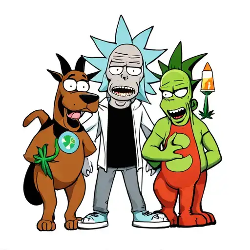 420 party with alien, Rick Sanchez, Randy marsh and scooby and shaggy tattoo design idea