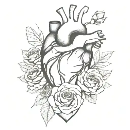 Minimal Thin Drawing Lines Black And White Watercolor Anatomic Heart With Roses, moth, and flowers tattoo design idea