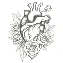Minimal Thin Drawing Lines Black And White Watercolor Anatomic Heart With Roses, moth, and flowers tattoo design idea
