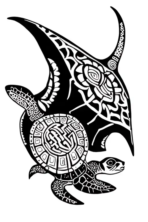 mayan themed manta ray and turtle swimming separately tattoo design idea