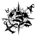 world map under compass rose background of tatoo, pirate ship with shark underneath, anchor at the bottom tattoo design idea