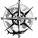 world map under compass rose background of tatoo, pirate ship with shark underneath, anchor at the bottom tattoo design idea