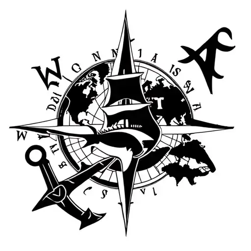 world map under compass rose background of tatoo, pirate ship with shark underneath, anchor at the bottom tattoo design idea