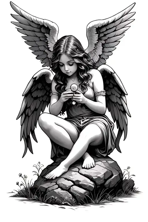 Teenage femal angel sitting on rock head down playing with a small toy rattle tattoo design idea