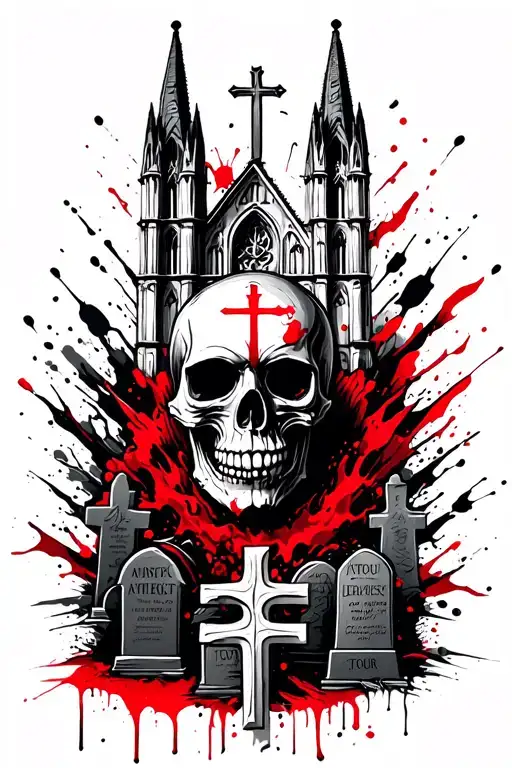 Skull with a Gothic cathedral at its top. Below a Christian cross with ATOUR a cemetery. tattoo design idea