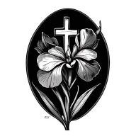 scripture, iris, lake, cross, four leaf clover tattoo design idea