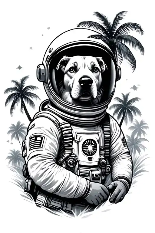 astronaut with dog face in helmet and palm trees tattoo design idea