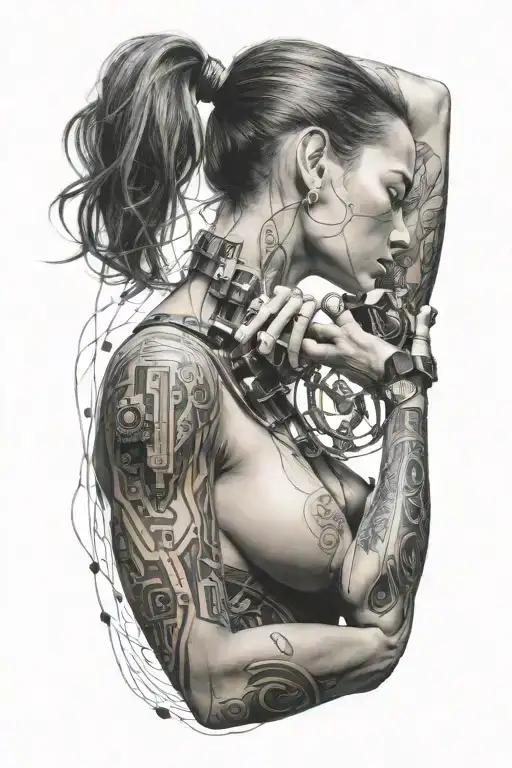 combine bodybuilding women flexing arm with technology circuits tattoo design idea