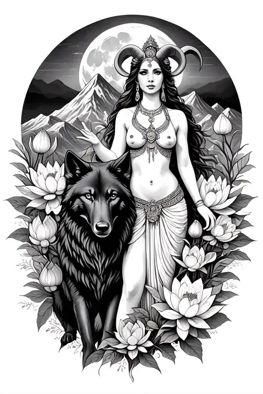 sexy aries goddess surrounded by poeny and lotus flowers growing with a black wolf in a mountain range with the moon tattoo design idea