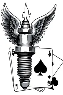 spark plug with angel wings and two playing cards tattoo design idea