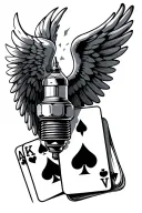 spark plug with angel wings and two playing cards tattoo design idea