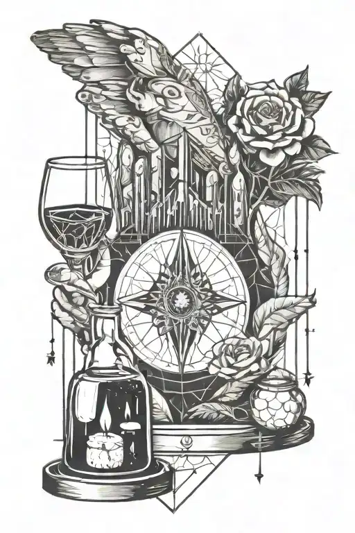 Create a tattoo of a pair of hands over a tarot spread with crystals, candles and a potion bottle tattoo design idea
