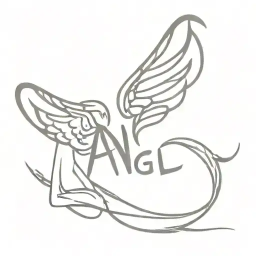 the word Angel written with devil horns and tail tattoo design idea