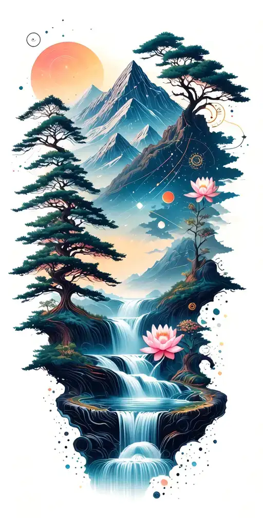 collage of space constellation, Buddhist mountain, trees, waterfall, lotus, large mechanical gears, decorative big lines tattoo design idea