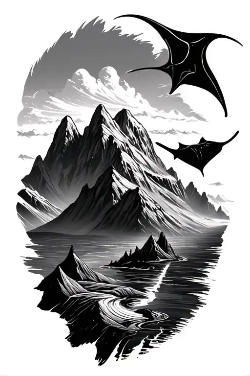 mountains incorporated with manta ray tattoo design idea