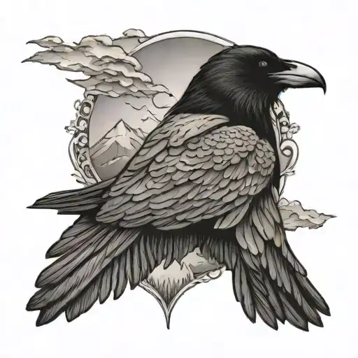Raven with mountains behind it, underneath it "love your uncle james" tattoo design idea