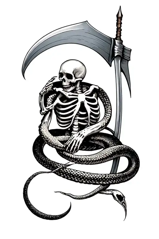 Skeleton with scythe cutting snake head off full sleeve tattoo design idea
