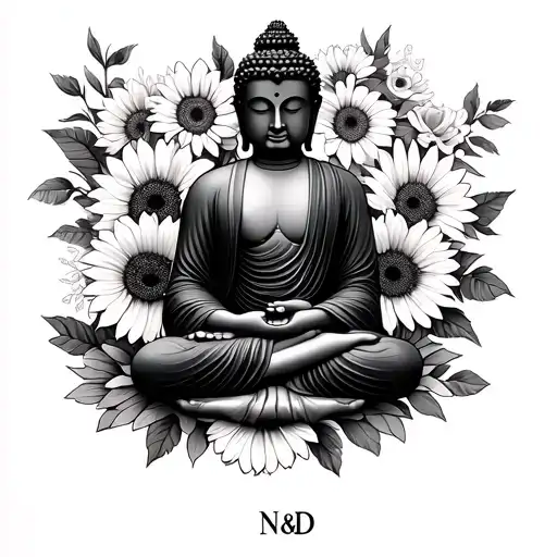 • Buddha in the center • Surrounded by gerbera & sunflowers • Initials N&D incorporated • style: fineline, realistic tattoo design idea