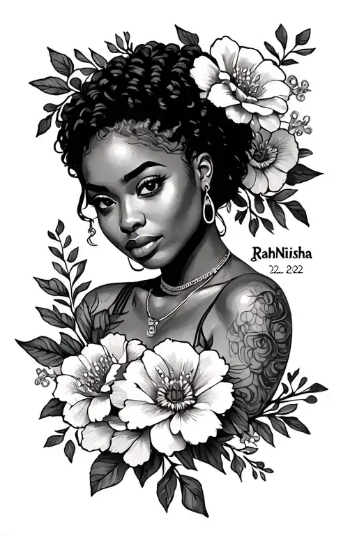 RahNisha with flowers around it and the date July 22 1992  tattoo design idea