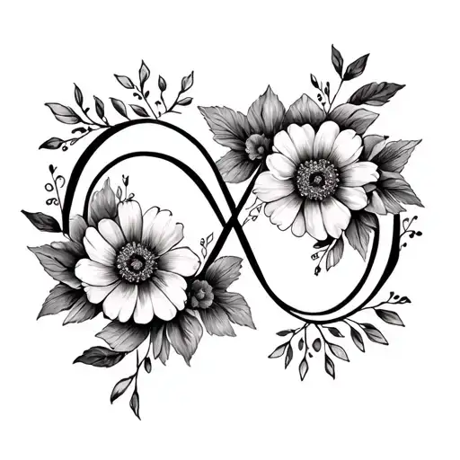 A black tattoo of an Infinity symbol with two children’s birth flowers incorporated along with their respective children tattoo design idea